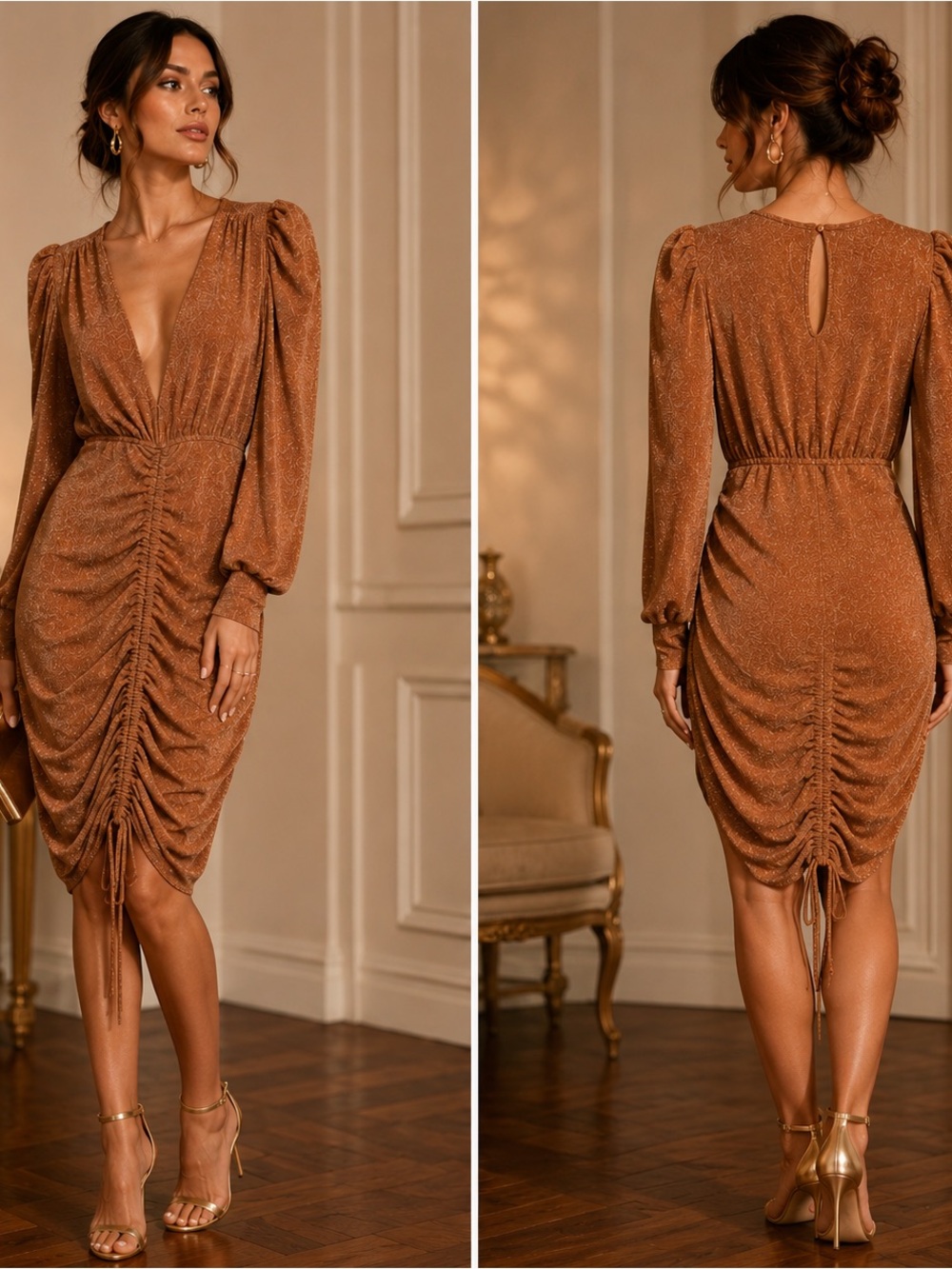 Privy Rust Ruched Long-Sleeve Midi Dress